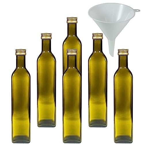 6 x braune Glasflasche/Ölflasche 500 ml mit goldfarbenem Verschluss, leere Flaschen als Vorratsbehälter & Essigflasche verwendbar (inkl. Trichter Ø 12 cm)
