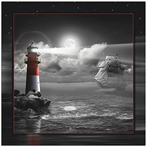 Artland Qualitätsbilder I Bild auf Leinwand Leinwandbilder Wandbilder 70 x 70 cm Landschaften Küste Digitale Kunst Schwarz Weiß C5BZ Leuchtturm Segelschiff Mondschein