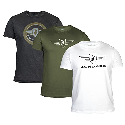 ZÜNDAPP T Shirt Herren oder Damen | Basic Tshirt 3er Set | Unisex Baumwoll T-Shirt 3er Pack (L, grau meliert + Oliv Uni + weiß Uni)
