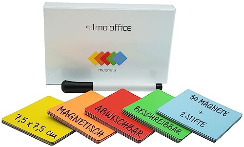SILMO - 50x Magnetstreifen beschreibbar 75x75mm bunt + Marker Stift - Whiteboard Kanban Scrum Board - Kühlschrank Magnete abwischbar wiederbeschreibbar - zuschneidbare Haftstreifen Büro Tafel Lager