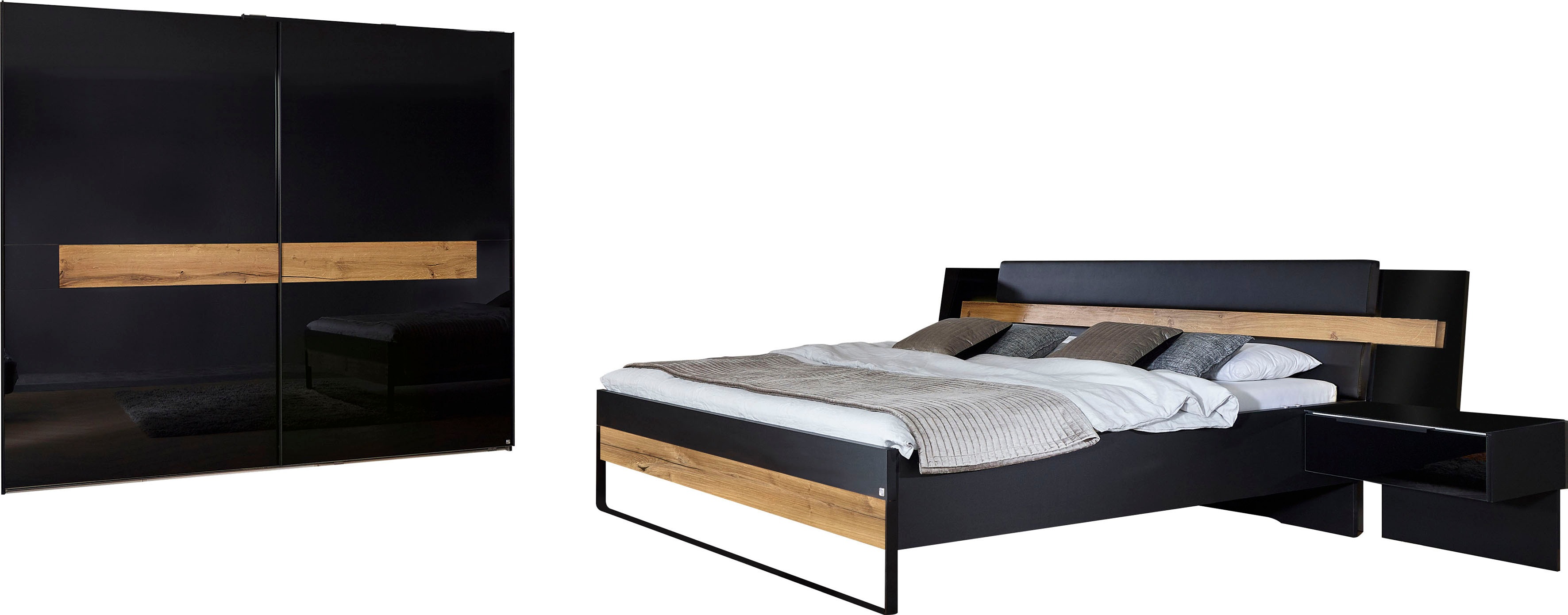 rauch BLACK Schlafzimmer-Set Mayla, (Set 6-tlg.) Schrank, Bett 180x200 cm, 2 Hängenachttische und 2 Paneele