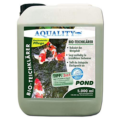 AQUALITY Gartenteich Bio-TeichKlärer 3in1 (GRATIS Lieferung in DE - Deutlich Besser, nachhaltig kristallklares Wasser, entfernt Trübungen + GRATIS Klarwasser Filtervlies), Inhalt:5 Liter