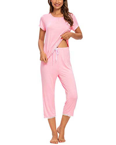 MINTLIMIT Schlafanzüge Damen Kurz Hosen Nachtwäsche Schlafoveralls Pyjama Mädchen Teenager (Pink,Größe S)