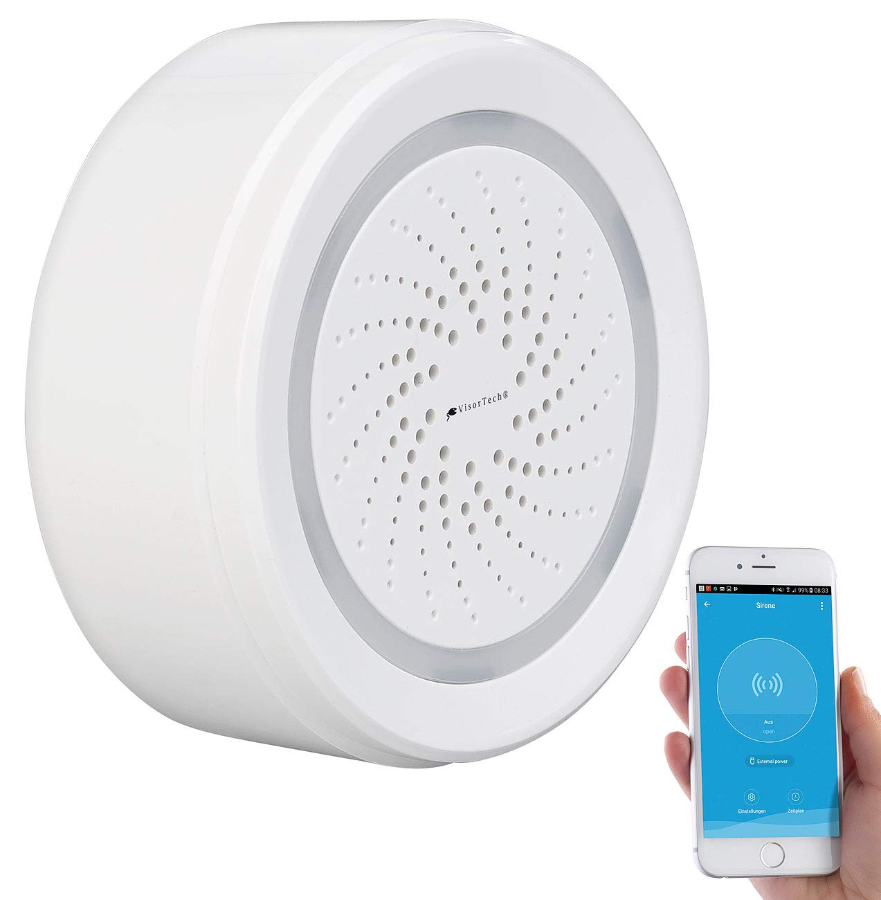 VisorTech WiFi Sirene: WLAN-Alarm-Sirene mit App, kompatibel mit Alexa, Siri & Google Assistant (Akustischer Signalgeber, Sirene Elesion, Fernbedienungen)