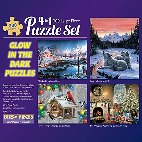 Bits and Pieces - Multipack 4-in-1 Glow Puzzle Set 300 Teile Puzzle für Erwachsene – jedes Puzzle misst 46 cm x 61 cm – Winter Nature Holiday Glow Puzzles vom Künstler Alan Giana