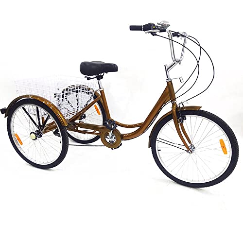 PINYELIN Fahrrad Erwachsene Fahrrad 24 Zoll 6 Gang 3 Räder Fahrrad Gold Mit Einkaufskorb Für Erwachsene Lastenfahrrad