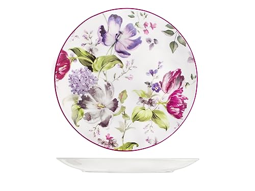 H&H Madam Set mit 12 flachen Tellern, Porzellan, Blumenmuster, Weiß, 27 cm