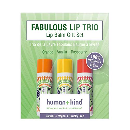 Human+Kind - Fabulous Lip Balm Trio – 100% natürlicher Ursprung – Orange – Vanille – Himbeere – vegan – ohne Tierversuche – repariert und befeuchtet trockene Lippen – hält Lippen weich und glatt – 3 g