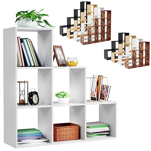 MIADOMODO® Treppenregal - Weiß/Braun, 6/10 Fächer, in 2 Größen, für Wohnzimmer, Stabil, Freistehend, Indoor, aus MDF-Platte-Stufenregal, Raumteiler Regal, Bücherregal, Standregal (Weiß, 6 Fächer)