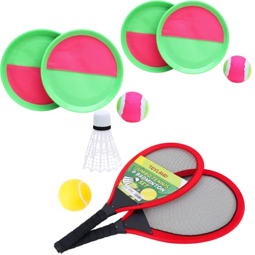 Toyland® Sommerspiele-Aktivitätspaket – Jumbo-Tennis- und Badminton-Set und Fangball-Set – enthält 2 Jumbo-Schläger, 4 Griffpolster, Bälle und einen riesigen Federball