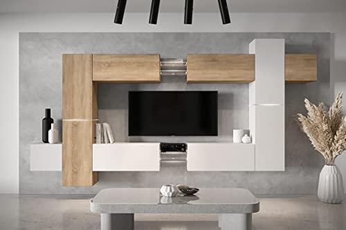 Furnitech AN91 New Modernes Wohnzimmer Wohnwand Wohnschrank Schrankwand Mediawand Möbel MATT (LED weiß, AN91NEW-21SW-M16)