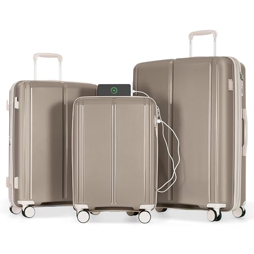SPOFLYINN 3-teiliges Gepäck-Set, 20/24/28, erweiterbarer Koffer mit USB-Anschluss, Handgepäck, Fluggesellschaftsgenehmigung, mit Spinnrädern für Reisen, Braun2, Einheitsgröße, Modern