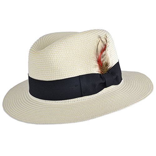 MAZ Unisex Papierstrohhalm Knautschbar Faltbar Sommer Panama Fedora Hut mit Band und verstellbarem Schweißband in 8 Farben Gr. 7 1/4, Creme mit Feder