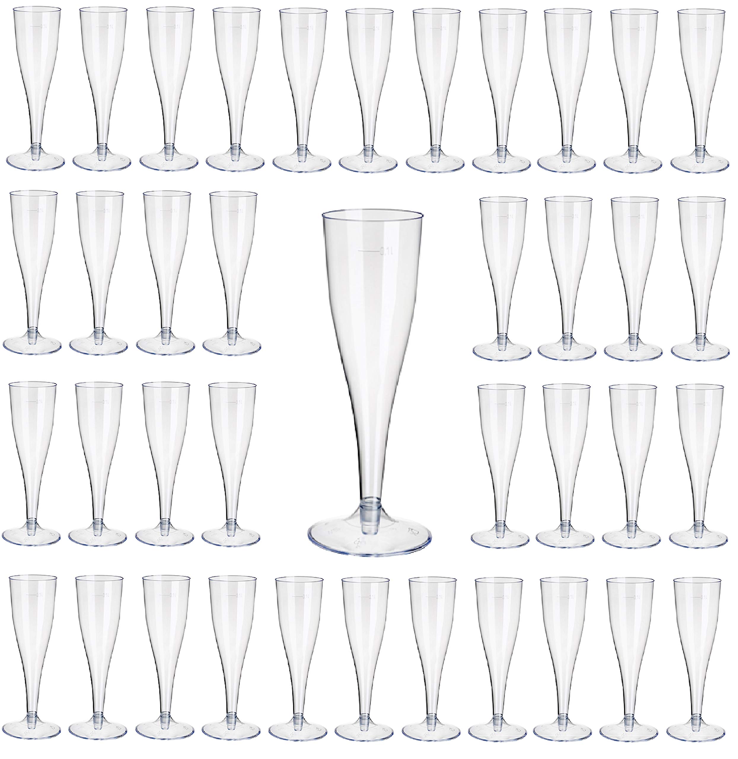 Gastro-Bedarf-Gutheil 60 Kunststoff Sektgläser, glasklar mit Eichstrich 0,1l Champagnergläser/Sektkelche/Sektglas mit Steckfuß 2-teilig.