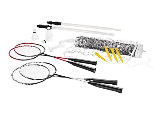 Crivit Badminton Komplett-Set für bis zu 4 Spieler: 4 Schläger, 3 Bälle, Spielnetz, Spannschnüre und Bodenanker