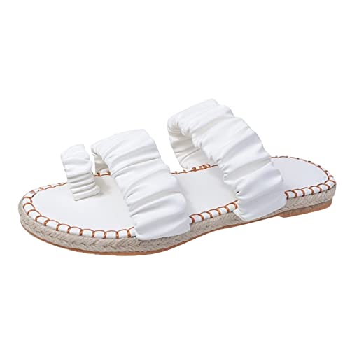 Schuhe Extra Weit Damen Mode Sommer Damen Hausschuhe flach einfarbig Leinensohle plissiert Set Toe bequem lässig Damen Tracht Schuhe (White, 39.5)