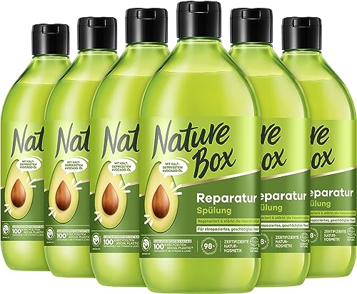 Nature Box Spülung Reparatur (385 ml), Hair Repair Spülung mit Avocado-Öl repariert das Haar und schützt vor Spliss, Flasche aus 100% Social Plastic, 6x 385 ml