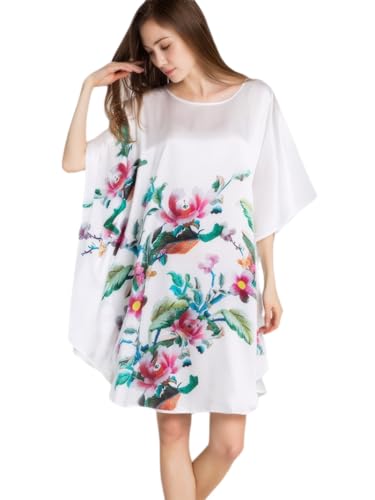 prettystern Damen SeidenNachthemd Schlafkleid lang Schlafhemd Reine Seide Nachthemden Tunika Silk Pyjama Floral Stickerei Druck - Weiß YBP171