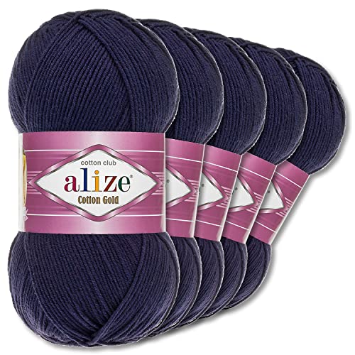 Alize 5 x 100 g Cotton Gold Premium Wolle| 39 Farben Sommerwolle Garn Stricken Amigurumi (58 | Navyblau)