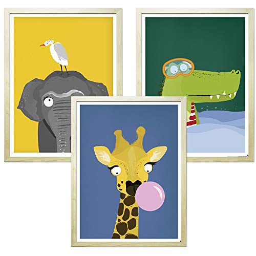 Close Up Kinderzimmer Poster Afrika 3er-Set gerahmt kieferfarben (30cm x 40cm)