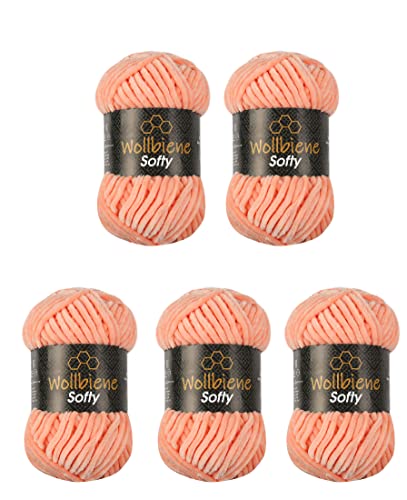 Wollbiene Softy 5 x 100 Gramm chenille wolle zum häkeln Strickwolle, Babywolle, 500 Gramm Chenille Wolle Super Bulky crochet yarn (lachs 30)