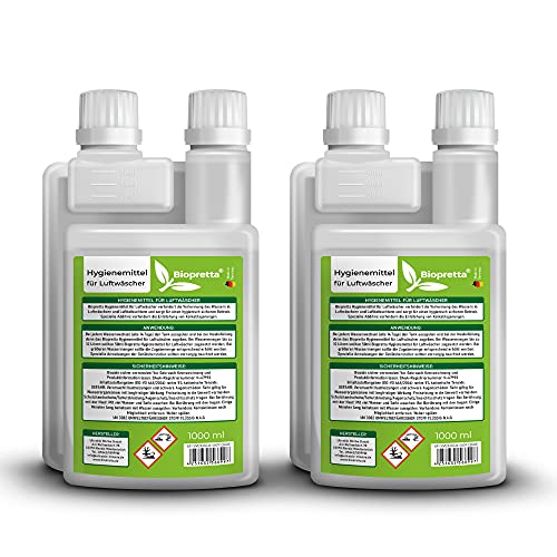 Biopretta Hygienemittel für Luftwäscher Set 2 x 1000 ml mit Dosierhilfe, Luftbefeuchter, Zimmerbrunnen