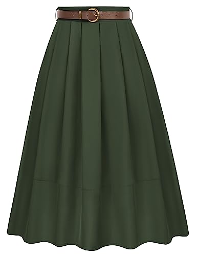 Damen Faltenrock Elegant A-Linie High Waist Rock Midi Skirt mit Taschen Freizeit Party Armeegrün L