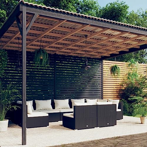 WHOPBXGAD terrassenmöbel,balkonmöbel Kleiner Balkon,Tisch klappbar,9-TLG. Garten-Lounge-Set mit Kissen Schwarz Poly Rattanterassenmöbel außen,balkonmöbel Set,glasplatte Tisch,