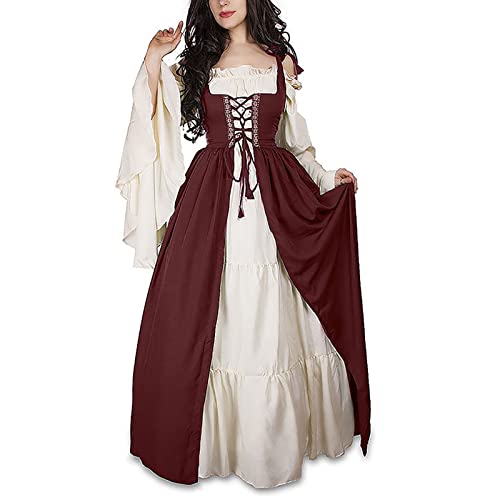 Guiran Damen Mittelalterliche Kleid mit Trompetenärmel Mittelalter Party Kostüm Maxikleid rot 5XL