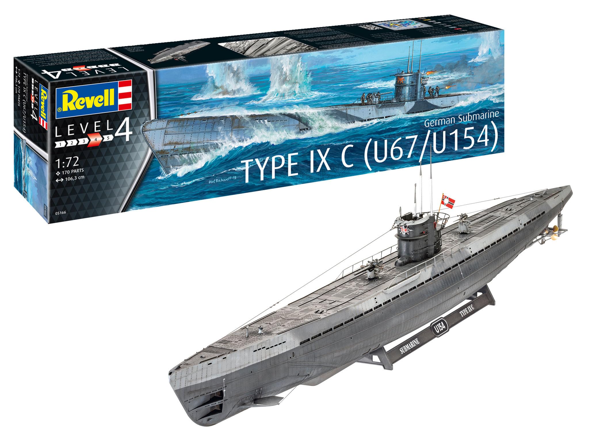 Revell RV05166 05166 U-Boot German Submarine Type IX C U67/U154, Schiffsmodellbausatz 1,72, 1,06 m originalgetreuer Modellbausatz für Fortgeschrittene, unlackiert, 1/72