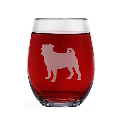 Greenline Goods Mops Stemless Weinglas (EIN Glas) | Einzigartiges Geschenk für Hundeliebhaber | Handgeätzt mit Rassennamen auf der Unterseite