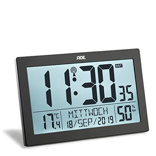 ADE Digitale Funkuhr mit großem XL-Display | Kalender | mit Temperaturanzeige und Hygrometer | Wanduhr | Funkwecker mit 2 Weckzeiten und Schlummerfunktion | schwarz