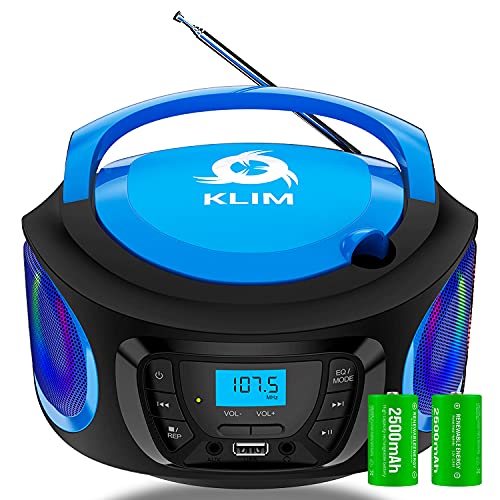 KLIM Boombox Radio mit CD Player. FM-Radio, CD Player, Bluetooth, MP3, USB, AUX + Inklusive wiederaufladbaren Akkus + Kabelgebundene und kabellose Modi + Kompakt und robust + Neue 2021 + Blau
