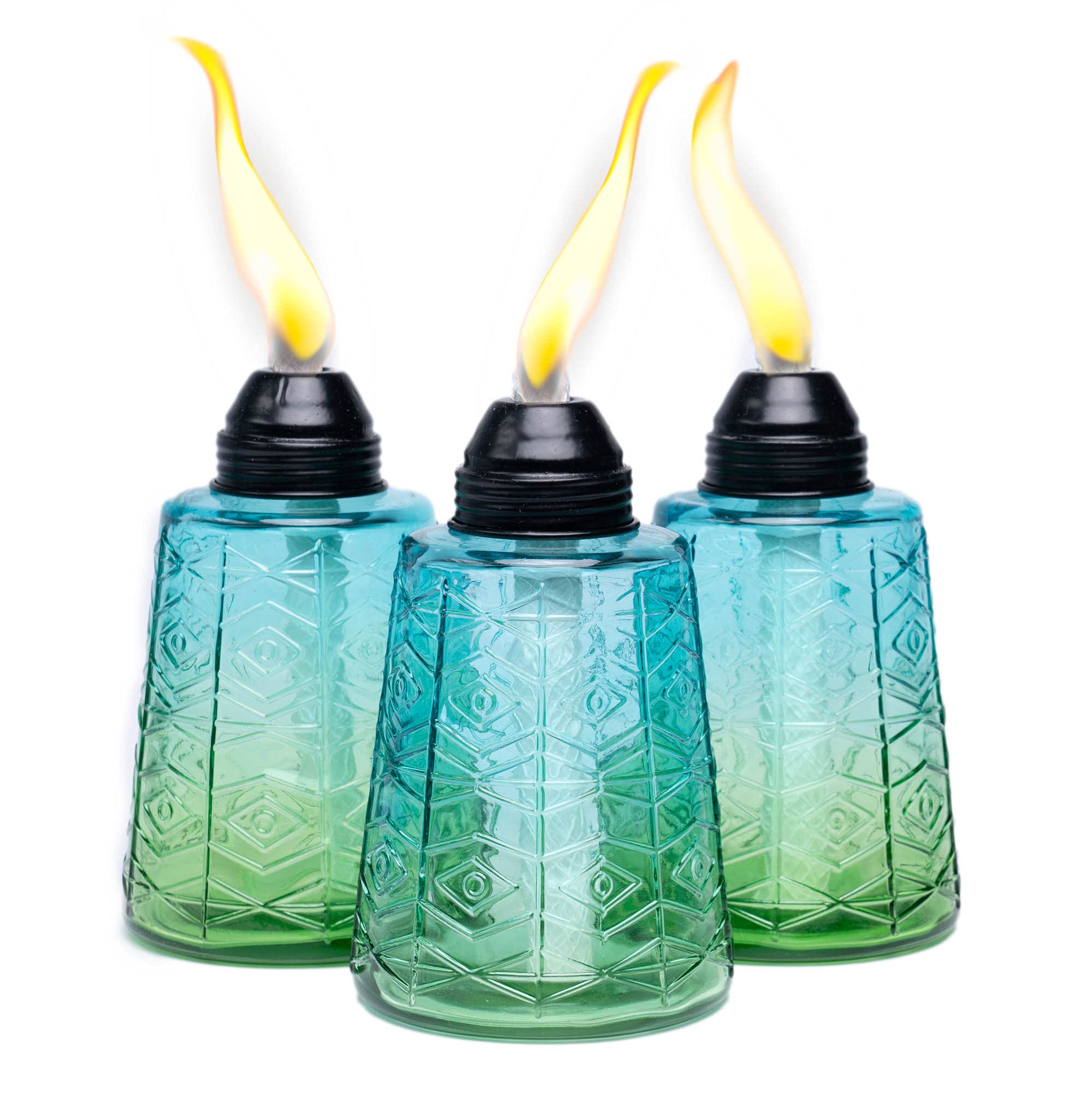 Stilvolle Glasfackeln für Ihren Tisch oder Ihre Terrasse, in vielen Farben zur Auswahl. Set mit 3 Taschenlampen. Exklusiv von Backyadda. (Caribbean Wave)