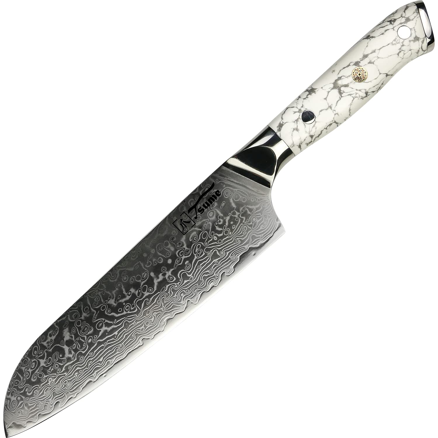 Tsume Santoku Messer White Marble, Klingenlänge 22cm, Echtes Damast Küchenmesser, 67 Schichten VG10 Edelstahlkern mit einzigartigem White Marble Handgriff, Rasiermesserscharf