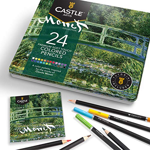 Castle Arts – 24 themenorientierte Buntstifte in einer Metallkiste, für Kunstwerke à la Monet. Hochwertige, weiche Spitzen – ideal zum Vermischen & Schaffen von Dimension für zauberhafte Ergebnisse