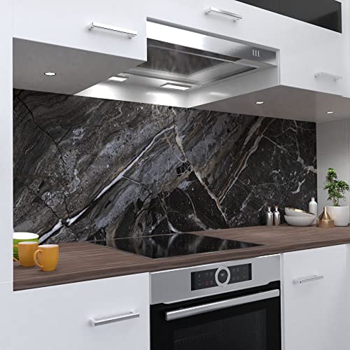 One-Wheel, Küchenrückwand selbstklebend, Marmor schwarz, Stein, 400 x 50cm harte PVC Folie, Spritzschutz für Fliesenspiegel