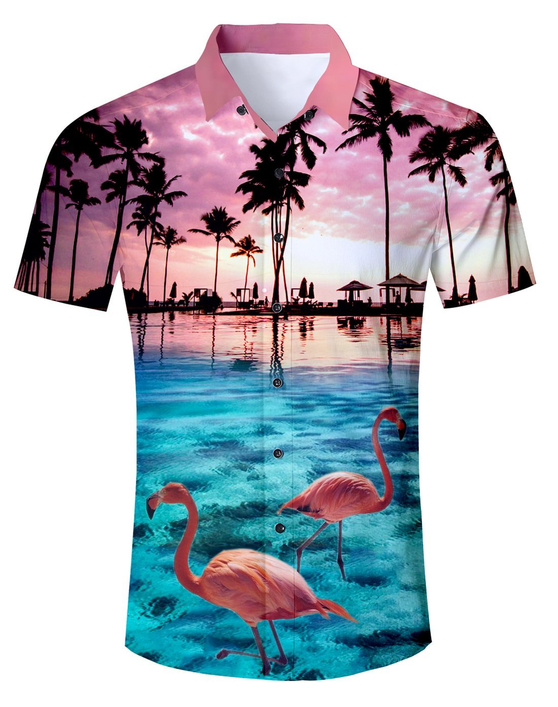 AIDEAONE Herren Flamingo Urlaub Hemd Strandkleidung Kurzarm Regular Fit Hemd Rosa