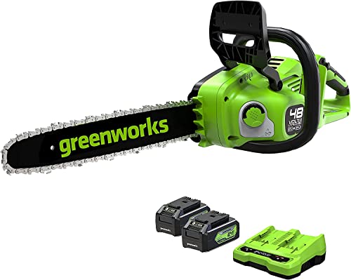 Greenworks Akku-Kettensäge GD24X2CS36 (Li-Ion 2x24V 20m/s Kettengeschwindigkeit 36cm Schwertlänge 200ml Öltankvolumen mit 2x 4Ah Akku und Doppelsteckplatz-Ladegerät)