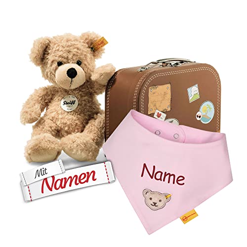 Steiff Teddybär Fynn im Koffer + Halstuch mit Namen personalisiert (bestickt), Mädchen Babygeschenk zur Geburt, Taufe, Geburtstag Geschenk, Bär Kuscheltier (Halstuch Mädchen, Rosa)