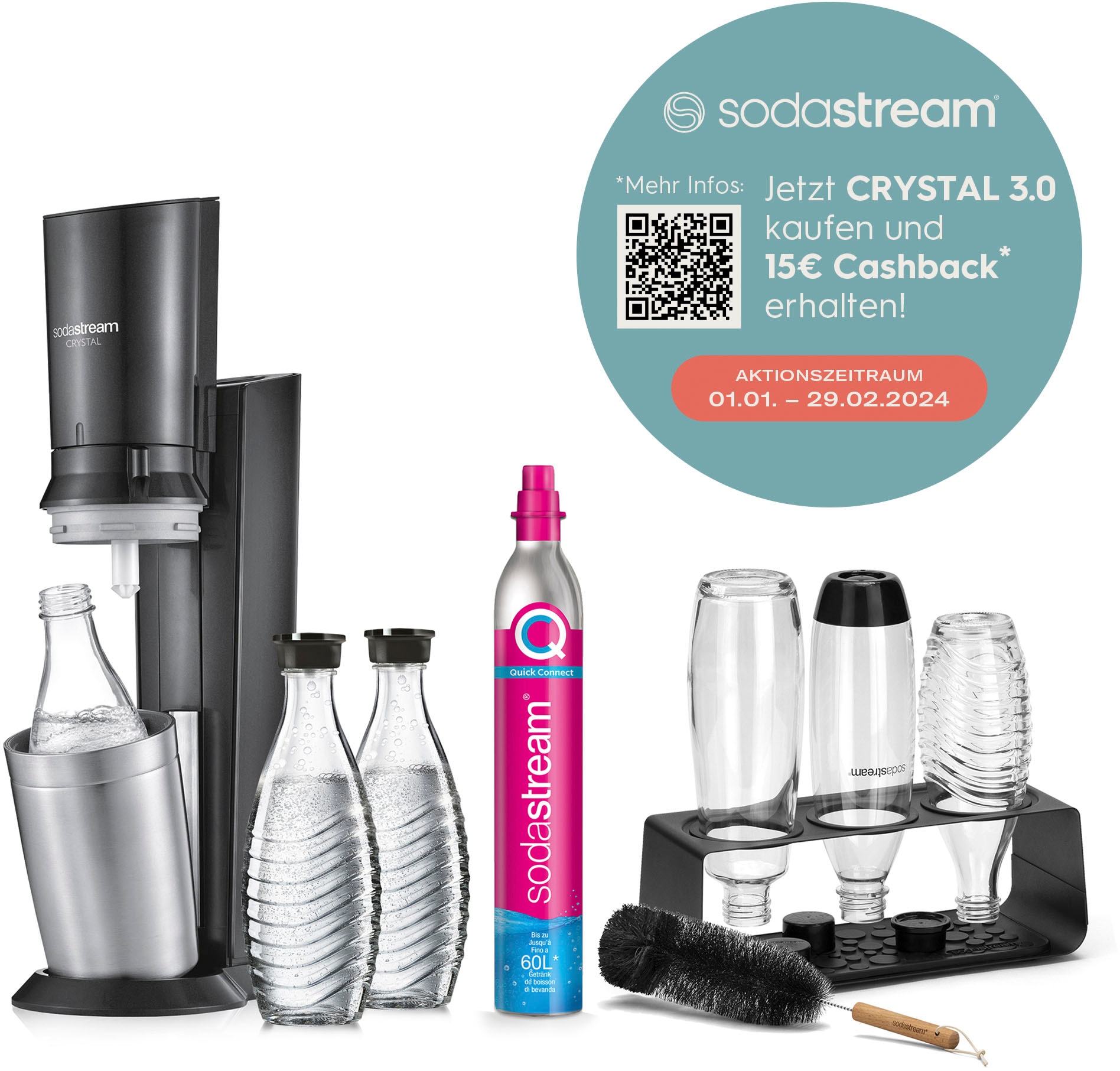 SodaStream Wassersprudler ""Crystal" Mega-Bundle", (7 tlg.), Wassersprudler, CO2-Zyl., Glaskaraffen, Abtropfhalter, Flaschenbürste