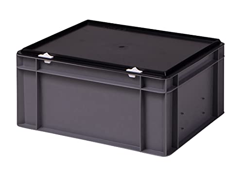 Stabile Profi Aufbewahrungsbox Stapelbox, grau, mit schwarzem Deckel, 40x30x18 cm, für Industrie, Gewerbe, Haushalt