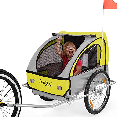 FROGGY Kinder Fahrradanhänger mit Federung + 5-Punkt Sicherheitsgurt Radschutz Anhänger für 1 bis 2 Kinder Design Sunny