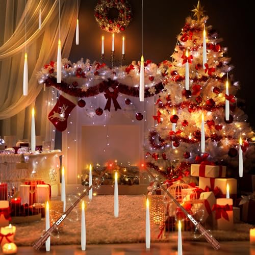 KIKILIVE Flammenlose LED Kerze mit Zauberstab Fernbedienung, floating candles flackernde schwebende Kerzen,LED Stabkerzen flammenlose hängende Fensterkerzen für Weihnachten Halloween Dekoration