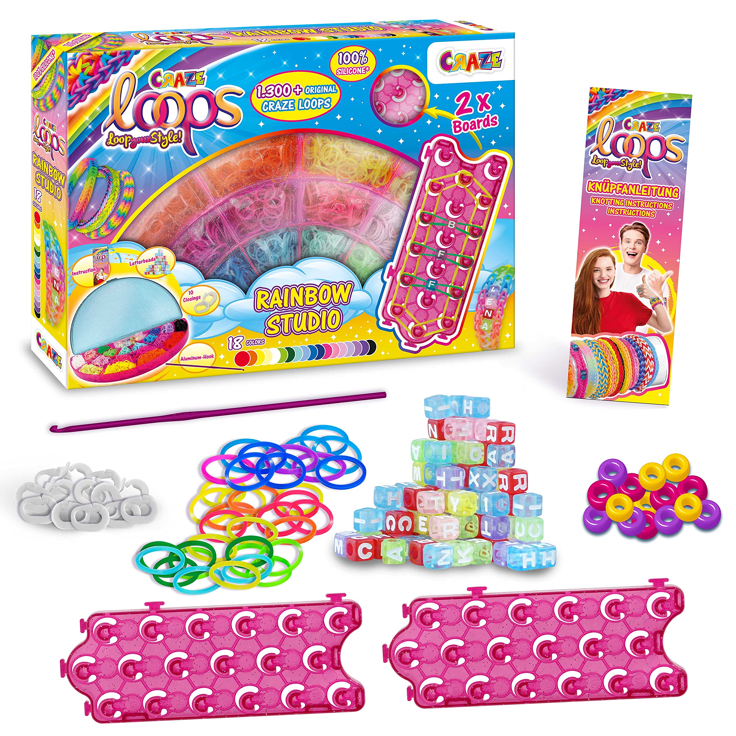 CRAZE LOOPS Rainbow Studio | Loom Bänder XXL Set mit 1300+ Gummibänder und viel Zubehör - Kinder Bastelset - Halsketten, Ringe und Armbänder selber machen