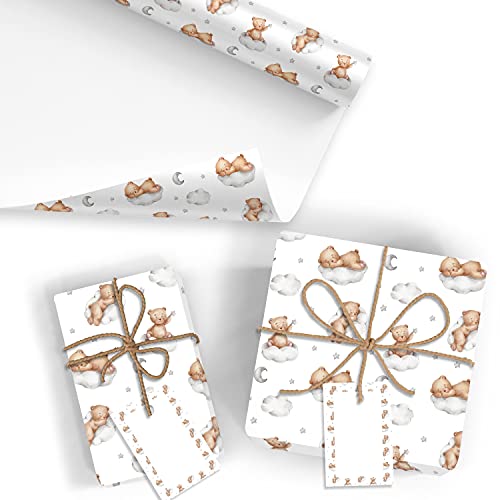 20x Geschenkpapier für Baby/Kind Motiv Bär - 20 große Bogen je 70 x 100 cm - verpackt als eine Rolle - inkl. Passende Geschenkanhänger - Umweltfreundliche Geschenkverpackung - Marke Neuser