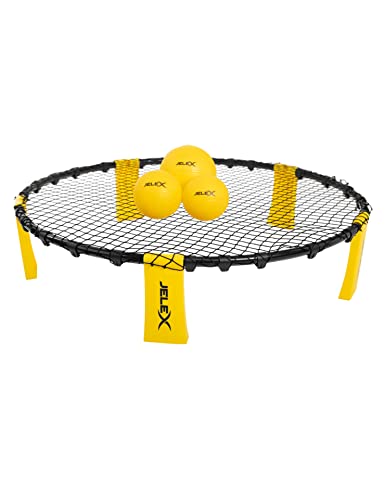 JELEX "Smash Roundnet 6er-Set mit 3 Bällen, Set aus Spielfläche, 3 Bällen, Luftpumpe und Tragetasche, einfaches Stecksystem für Kinder und Erwachsene, Netz individuell anpassbar (Gelb)