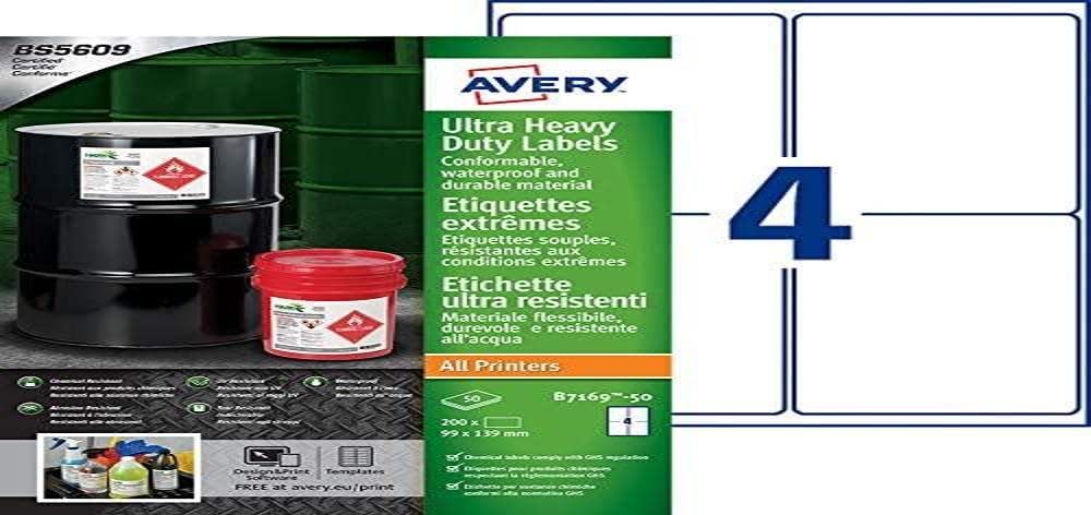 Avery b7169–50 A4 Ultra robuste Wasserdicht GHS Etiketten, bs5609 zertifiziert, für alle Drucker, 99 x 139 mm, weiß