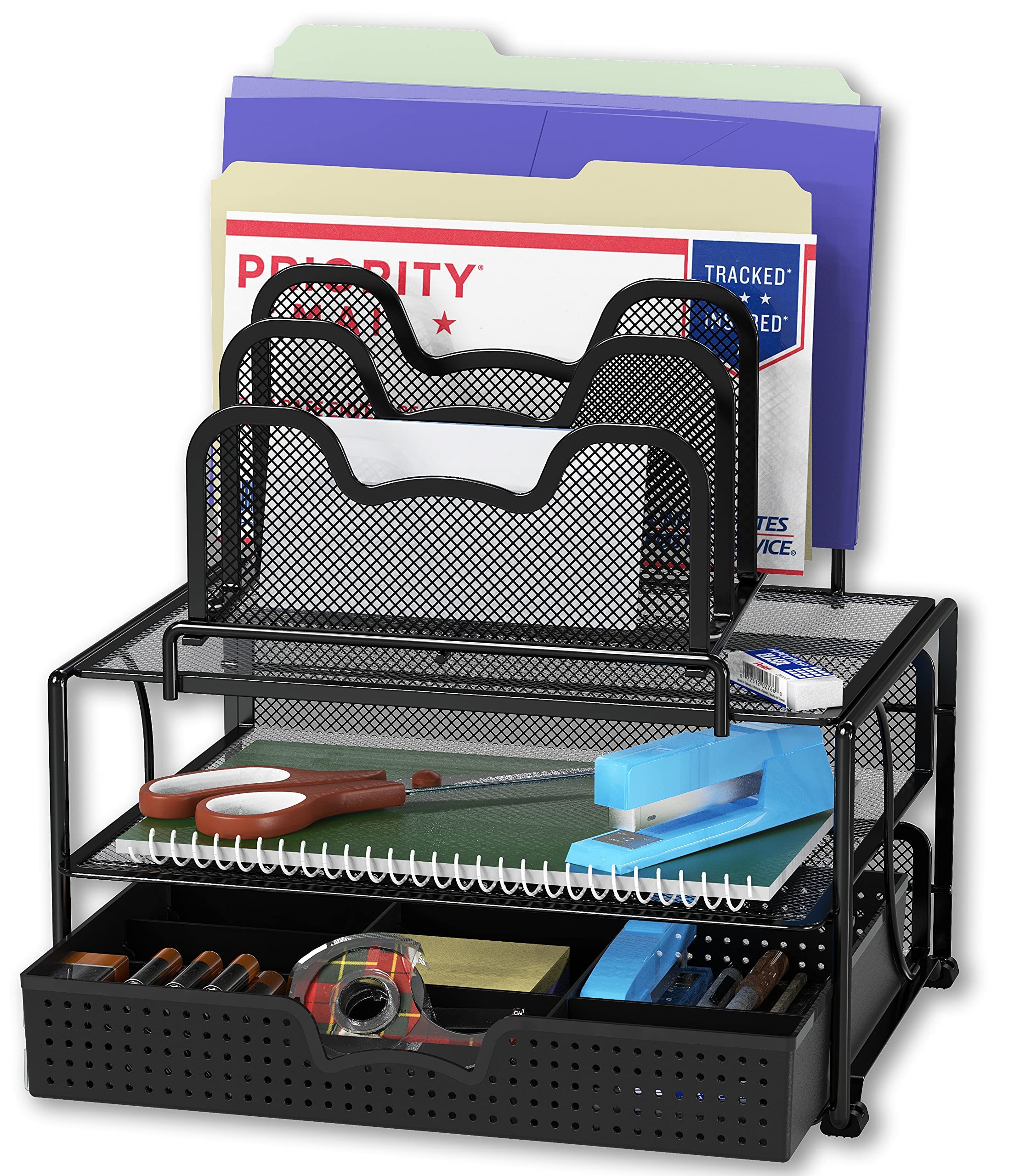 Simple Houseware Mesh-Schreibtisch-Organizer mit Schiebeschublade, Doppelablage und 5 stapelbaren Sortierfächern, Schwarz