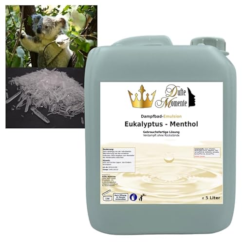 Dampfbad Emulsion Eukalyptus - Menthol - 5 Liter - gebrauchsfertig für Dampfbad, Dampfdusche, Verdampferanlagen in Premium Qualität von Dufte Momente …